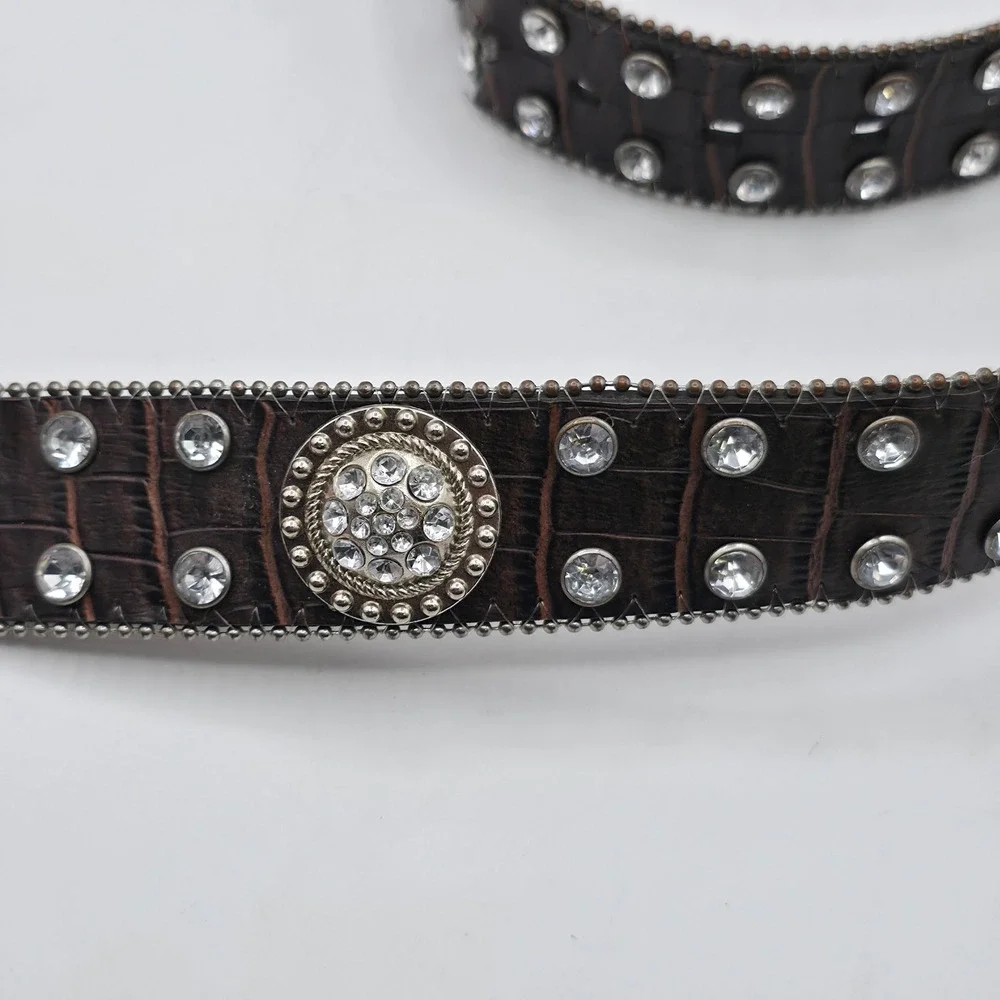 Unbranded Western Belt Womens XL‎ Brown Rhinestone Bling Croc Embossed Cowgirl